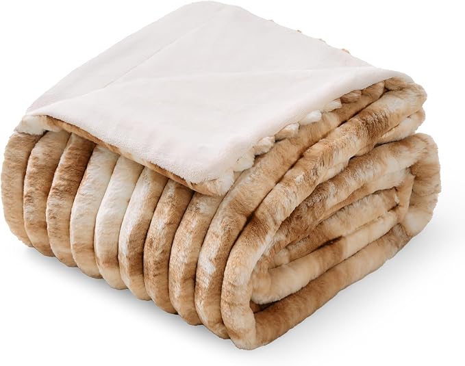 Faux Fur Throw Blanket for Couch, Cozy Fuzzy Fluffy Fur Luxurious Soft Striped Plush Gift Blankets for Family Sofa Chair Bedroom, 55"x70", Tie-dye Khaki
