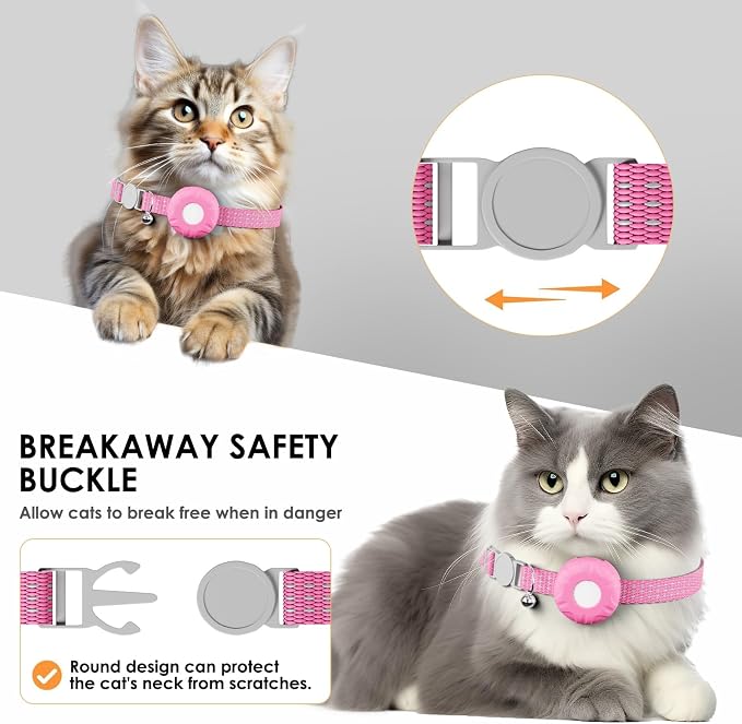 Cat Tracker, GPS Tracker Compatible with Apple Find My App(Only iOS), Waterproof Cat Trackers Collar with Bell and Safety Elastic Buckle,No Monthly Fee,Territory & Location History, Smart Alerts, Pink