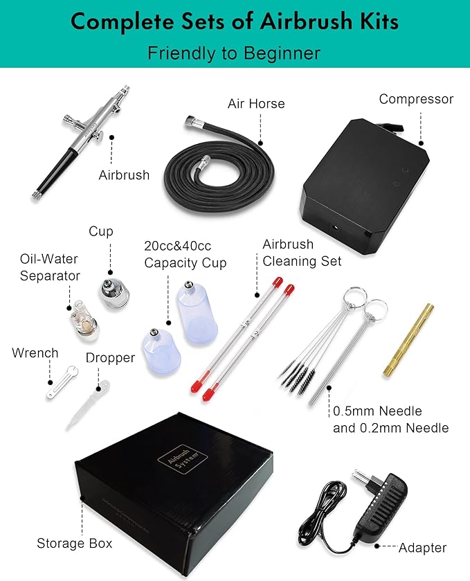 Gocheer Airbrush Kit with Air Compressor, 40 48 PSI High Pressure Air Brush Non-Clogging with 0.2/0.3/0.5mm Nozzle/Cleaning Sets, Ideal for Painting, Modeling, Cake Decor, Makeup (Black, 48 PSI)