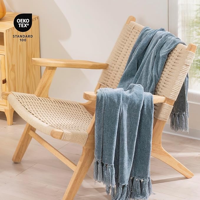 RECYCO Chenille Throw Blanket for Couch, 50"x60", Dusty Blue | Super Soft Knit Throw Blanket with Fringe Tassels, Lightweight Knitted Throw, Cozy, Ideal for Sofa Chair Bed Living Room Gift