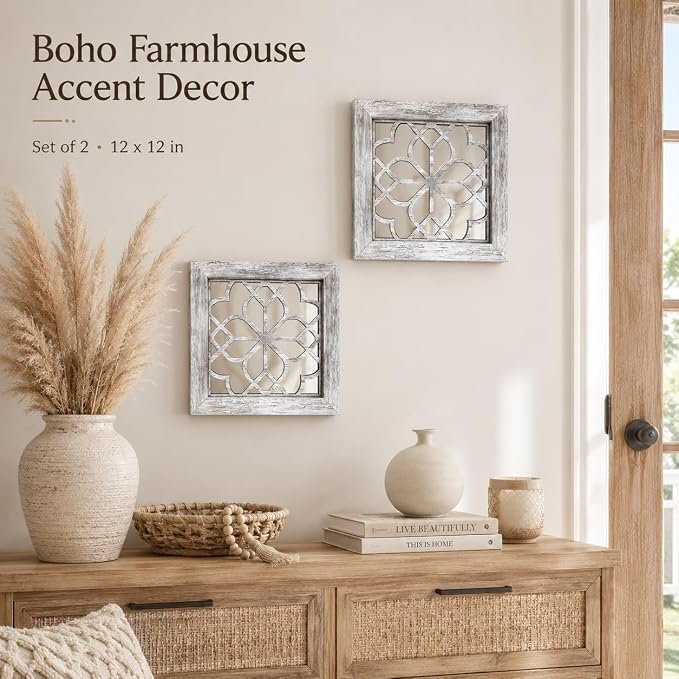 Boho Wall Mirror Decor, Set of 2 Rustic Farmhouse Accent Mirrors 12x12 Inch, Square Acrylic Shatterproof Vintage Style Mirror for Wall, Small Decorative Mirrors for Living Room, Bedroom, Grey