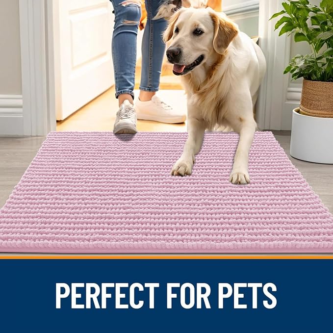 OLANLY Dog Door Mat for Muddy Paws 44x32, Extra Absorbent Chenille Mud Mat | Dusty Rose, Absorbs Moisture and Dirt, Non-Slip Machine Washable Doormat, Quick-Drying Indoor Entryway Floor Mat for Dogs