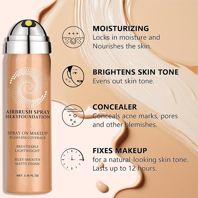 AirBrush Foundation Spray With Airbrush Primer, Silky Mist Foundation Spray Makeup, Full Coverage Foundation for Smooth Radiant, Formula Breathable Lightweight Hydrating (04 Porcelain)