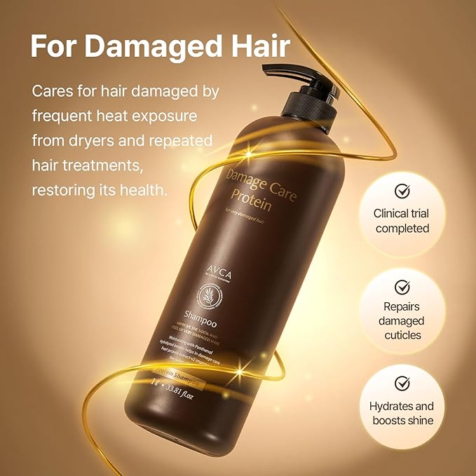 AVCA Damage Care Protein Shampoo for Dry, Damaged Hair and Strength Repair 1,000ml/33.81fl. oz.