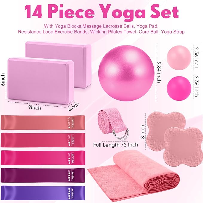 Simgoing 14 Pcs Yoga Kits for Home Workouts Pilates Equipment Set for Women Beginners, Hot Yoga Towel Blocks Strap, Knee Pad, Resistance Loop Exercise Band, Massage Lacrosse Ball, Pilates Ball