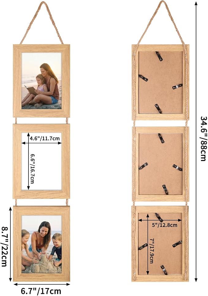 QUTREY 5x7 Collage Picture Frames, 6 Openings Hanging Photo Frame Set Display Vertical 5 by 7 inch Pictures for Wall Decor, Natural Wood, 2 Pack