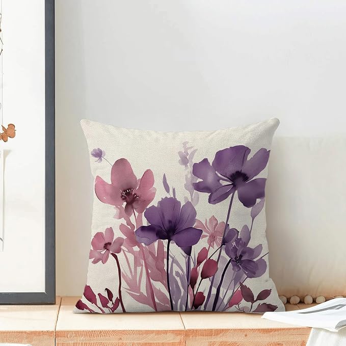 Floral Pillow Covers 18x18 Inches Set of 2 Pink Purple Floral Throw Pillow Covers Outdoor Rustic Spring Summer Flower Decoration Pillowcase Farmhouse Decorative Cushion Cover for Home Couch