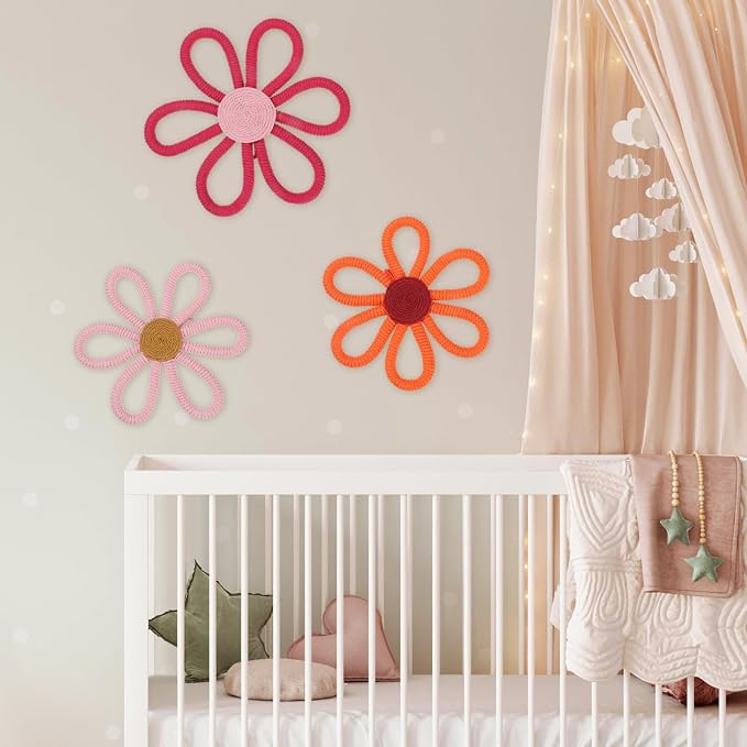 Barydat 6 Pcs Boho Nursery Decor Daisy Flower Woven Macrame Wall Hanging 3 Size Daisy Flower Wall Decor Bohemian Nursery Decorations for Home Dorm Art(Fresh Color)