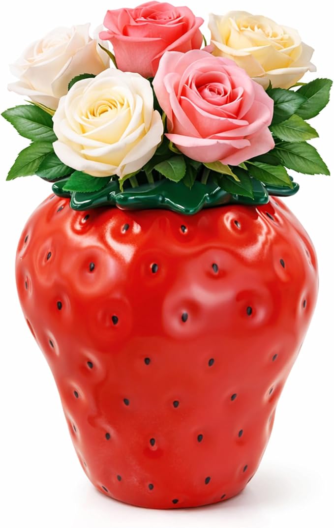 Vintage Ceramic Strawberry Vase, Red Strawberry Flower Pot Planter with Lid | Strawberry Shaped Planter Ceramic Vase for Flowers, Inspired Strawberry Decorative Vases for Home Decor