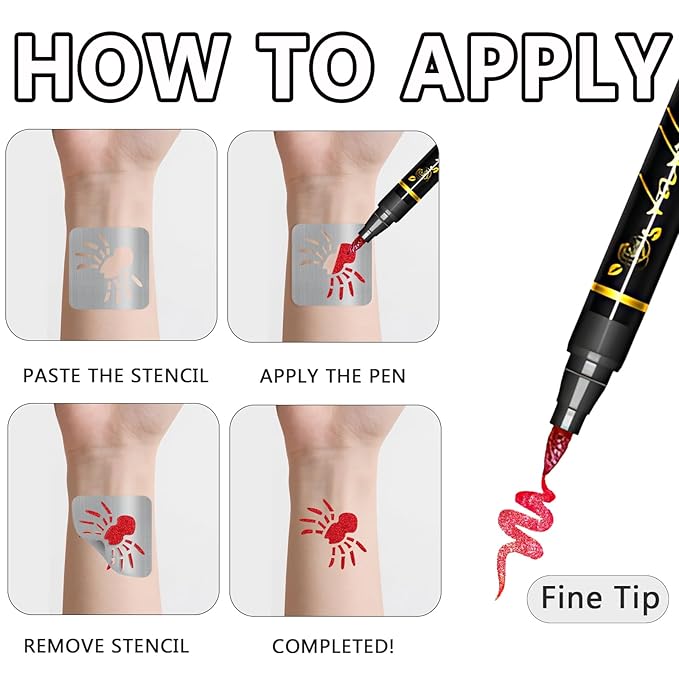 Temporary Tattoo Markers for Skin, 12 Metal Body Markers + 169 Tattoo Stencils for Kids Adults, Flexible Brush Tip, Bright Colors, Cosmetic-Grade Tattoo Ink, Halloween Costume Party Face Makeup