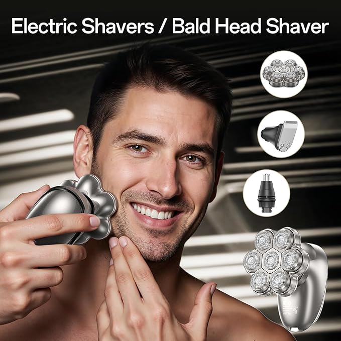 Electric Razor for Men, 7D Magnetic Detachable Electric Head Shaver, IPX7 Waterproof Wet Dry Bald Body Head Shaver, 5-in-1 Head & Body Hair Shavers for Men, for Beard Trimmer,Nose Trimmer, Head (Gray)