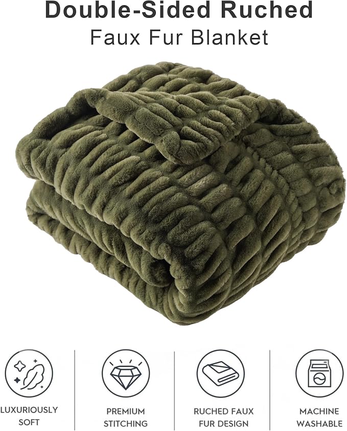 BATTILO Super Soft Faux Fur Throw Blanket for Couch, 50"x60", Double Side | Olive Green Throw Blanket, Bubble Blanket, Cozy Plush Warm Fluffy Faux Fur Blanket For Bed, Sofa Living Room