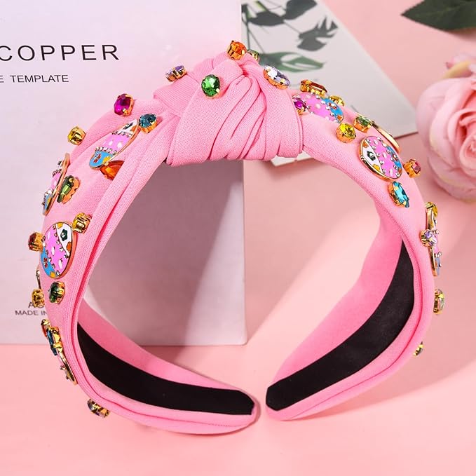 mokkia Easter Headbands Beaded Rabbit Bunny Headband for Women Pink Spring Knotted Headband Easter Hair Accessories Gifts
