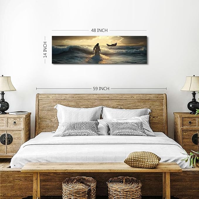 Christian Canvas Wall Art Jesus Walking on Water Wall Decor for Living Room Vintage Christ Picture Bedroom Religion Poster Prints Abstract Sunset Ocean Panoramic Painting Artwork Home Decorations 14x48”