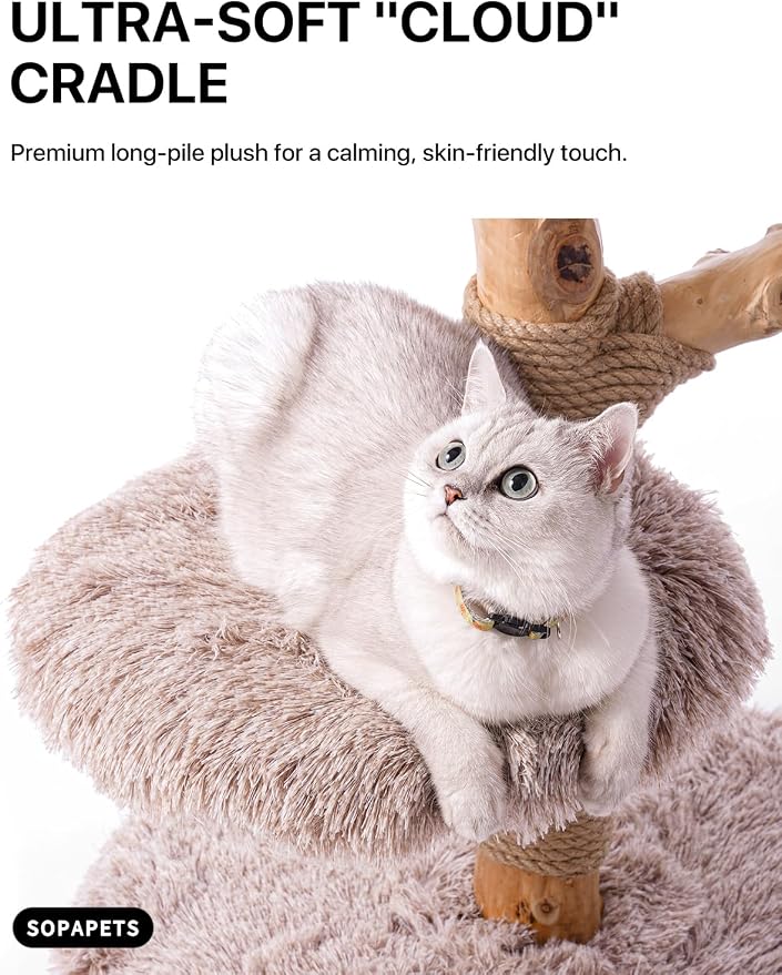 Sopapets Solid Wood Cat Tree with Hand-Woven Basket, 41.3" Natural Wood Cat Tower with Real Branch, Modern Boho Cat Furniture for Indoor Cats & Large Cats, Sisal Scratching Posts, Beige