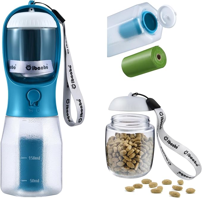 Cibaabo Dog Water Bottle with Food Container & Poop Bag Holder & Filter | Feeding & Hydration & Waste All in One | Travel Puppy Water Bowl | Portable Pet Dispenser | Dog Gifts | for Walking Beach