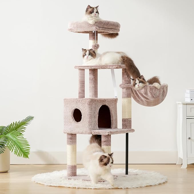 Heybly Cat Tree with Toy, 49.2 inch Cat Tower for Indoor Cats HCT200SMU | Spacious Cat House Condo with Hidden Space，Soft Plush Top Perch，Cozy Hammock and Sisal Scratching Posts, Rosy Brown