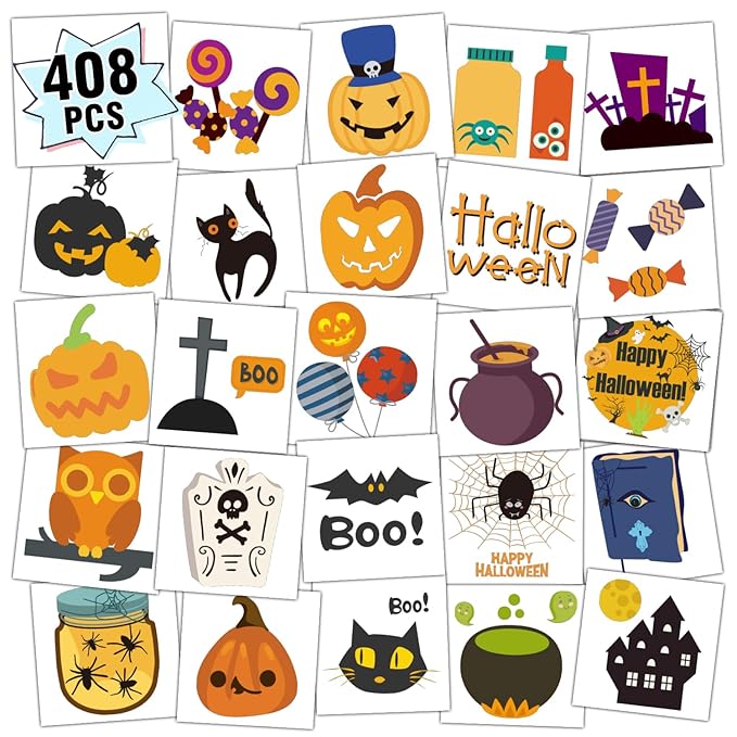 Partywind 408 PCS Kids Tattoos for Party Supplies, Individually Wrapped Sheet Temporary Tattoos Stickers for Kids Goodie Bag Stuffers, Fun Birthday Party Favors - Halloween