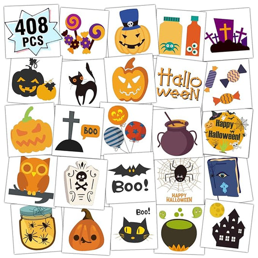 Partywind 408 PCS Kids Tattoos for Party Supplies, Individually Wrapped Sheet Temporary Tattoos Stickers for Kids Goodie Bag Stuffers, Fun Birthday Party Favors - Halloween