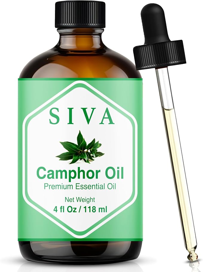 Siva Camphor Essential Oil 4 Fl Oz – for Diffuser, Skin & Hair Care – Ideal for Massage & DIY Blends- with Dropper