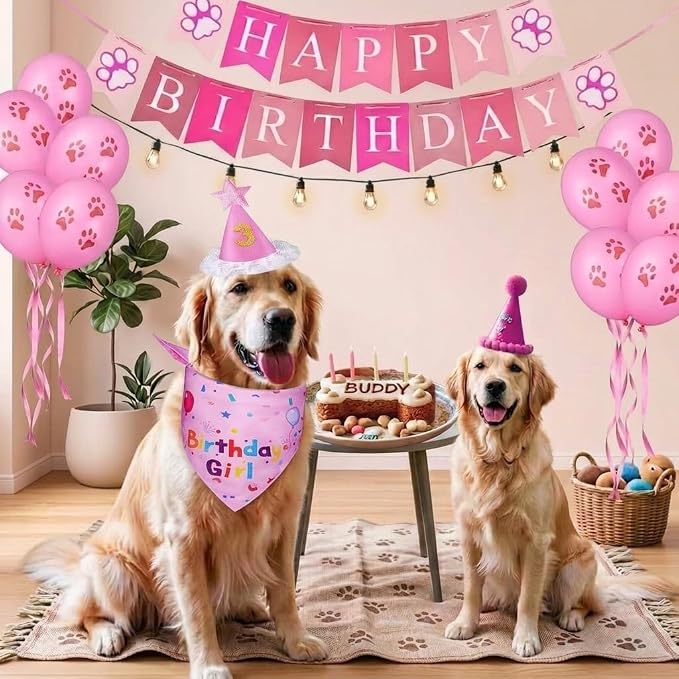 Dog Birthday Party Supplies,Dog Birthday Bandana Set, Numbers,Flag,Balloon | Dog Birthday Hat,Boy Girl Birthday Party,for Large Medium Small Dogs Pet (Pink)