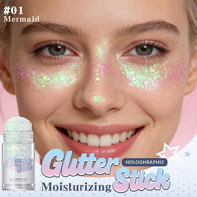 Mermaid White Body Glitter Stick, Holographic Fairy Costume Makeup Face Hair Glitter Stick Rave Outfits for Women, Shimmer Face Paint Singer Concert Festival Party Accessories, 1.06 OZ