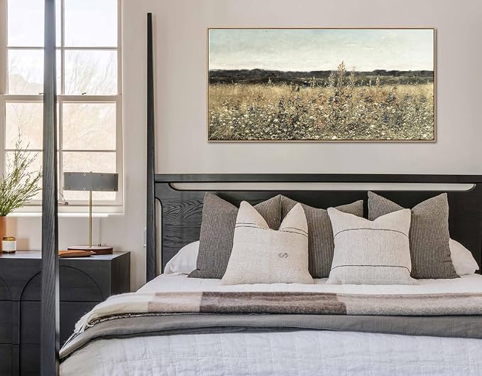 DJSYLIFE Framed Wall Art, Vintage Wildflower Field Canvas, 20x40 Inch | Classical Landscape Prints, Solid Wood Frame, Ready to Hang, Farmhouse Rustic Decor for Living Room, Bedroom