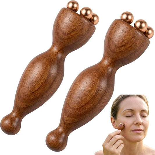Wood Therapy Massage Tools, Facial Massage Tool with Copper Gua Sha, Eye Massager Tool for Acupressure, Wooden Facial Massage Set, Manual Massage Tools for Face and Head Relief, 2-Piece Massage Kit