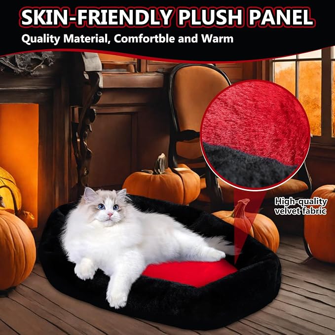 Gothic Coffin Cat Bed for Large Cats, Washable, Size: Small | Fits cats up to 20 lbs. Size: 24" x 16.9". Color options: Red & Black. Soft fabric, ideal Halloween decor.