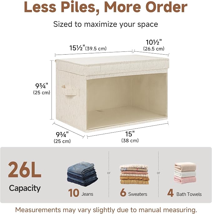 StorageWorks Fabric Storage Bins with Lids, Large Closet Storage Bins | Flip-Top Lid, Clear Window, Handles, Collapsible, for Clothes Blankets Books, Closet Box, Beige, 2-Pack