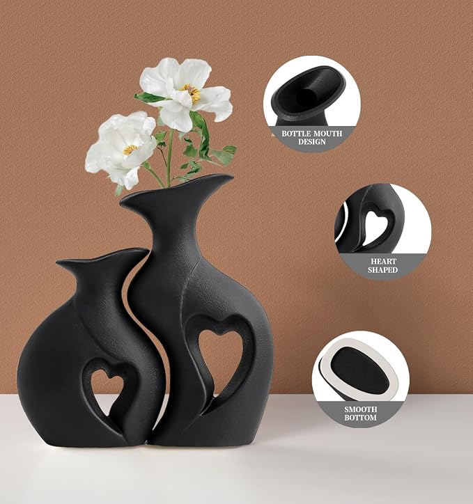 Black Ceramic Vase Set of 2, Heart Shape Home Decor Flower vase | Filled With Love, Modern Minimalist Bohemian, Matte Ceramic, For Dinner Table Bookshelf Console Decorative Vase