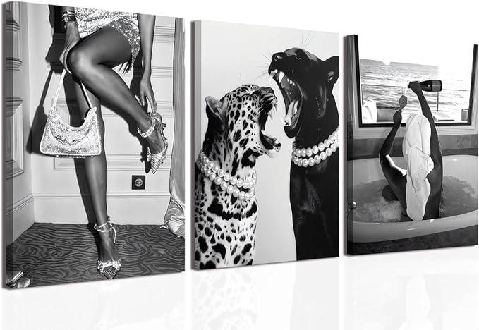 Bathroom Fashion Leopard Print Black and White Canvas Wall Art Trendy Women Posters Paintings Luxury Feminist Pictures Wall Decor for Bedroom Living Room Hallway Home Decoration 16x24 In Framed