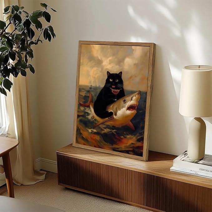 Funny Black Cat Riding Shark Wall Art Whimsical Bar Cart Wall Decor Picture Eclectic Shark Ocean Poster Canvas Painting Prints for Bedroom Living Room 12x16 inch Framed