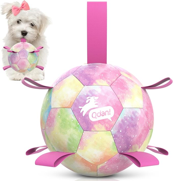 QDAN Dog Balls, Dog Soccer Ball with Straps,Puppy Girl Dog Toys, 6 Inch