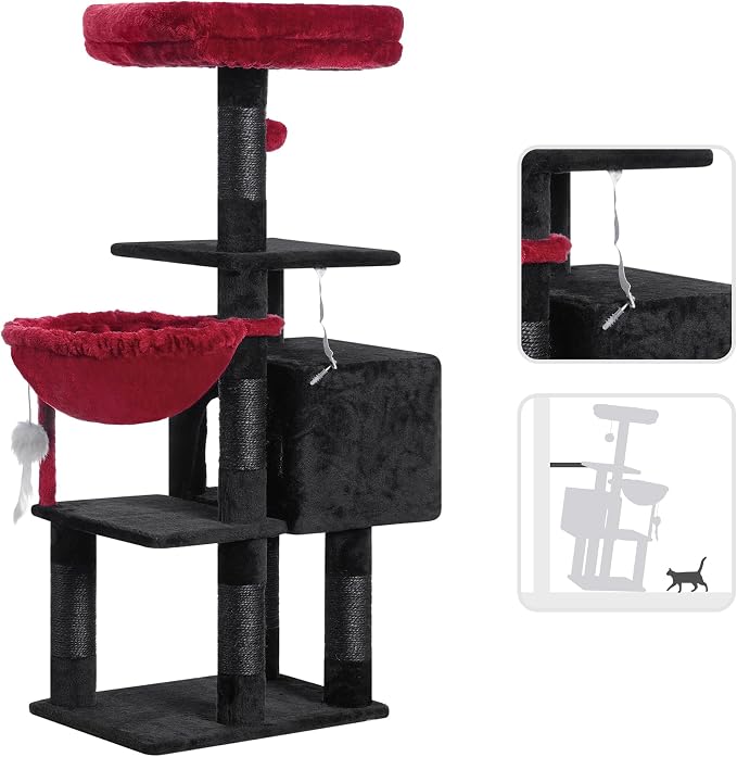 Heybly Cat Tree with Toy, 43.3 inch Cat Tower for Indoor Cats HCT004SBR | Cat Condo with Durable Sisal Scratching Posts, Cat House with Padded Plush Perch, Cozy Hammock, Black and Red