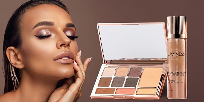 LUMINESS Complete Makeup Kit - Includes Face Palette, Airbrush Foundation, Primer and Brush - Silky, Long-Wearing, Easy to Blend, Perfect Makeup for Older Women, 4-PC Make Up Set (02 - Fair)