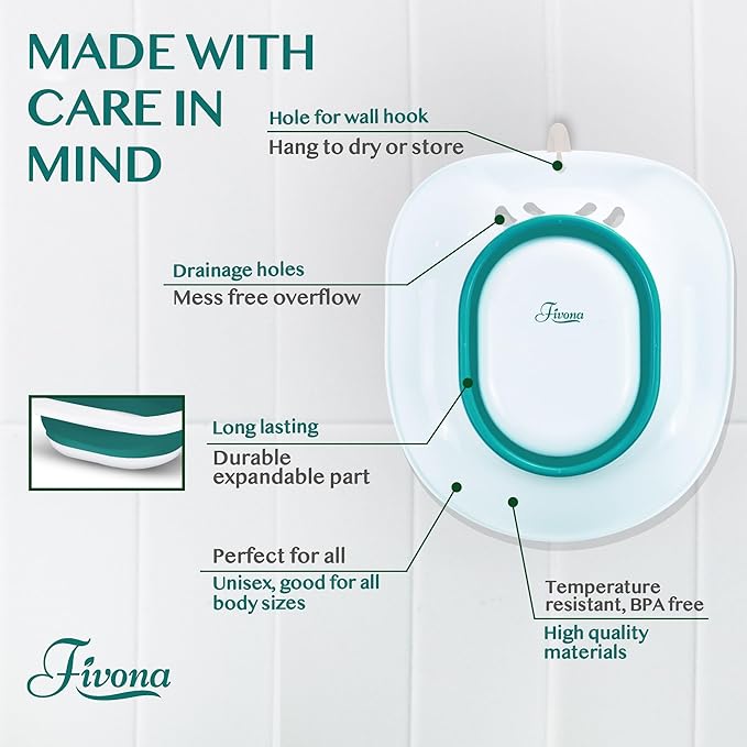 Fivona Sitz Bath for Toilet Seat Postpartum and Hemorrhoids Care - Yoni Steam Seat - Foldable Basin for Epsom Salt Soak - Portable Bidet BPA Free Temperature Resistant - Universal Fit - Green