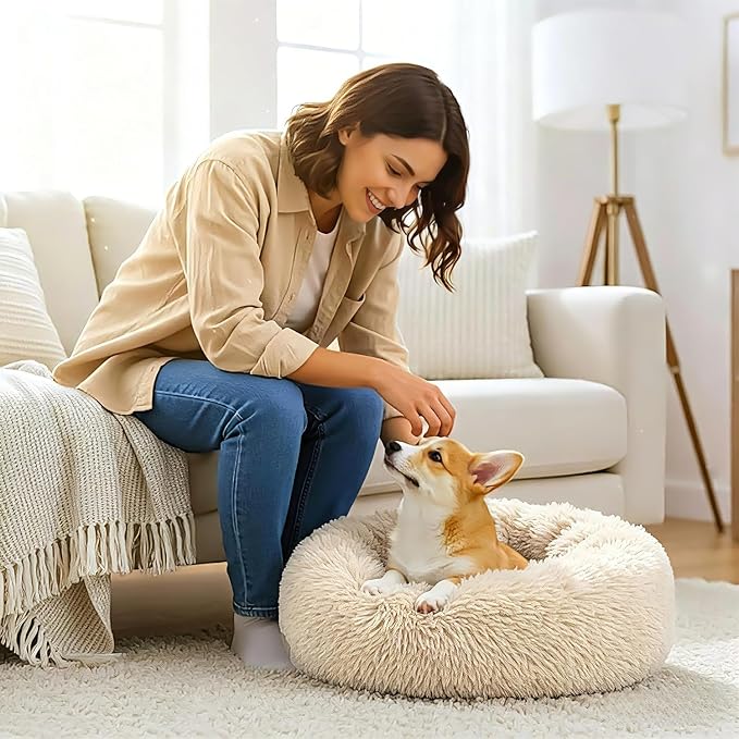 Calming Large Donut Dog and Cat Bed, Anti-Anxiety Round Soft Fluffy Plush Faux Fur Washable Anti-Slip Pet Bed for Medium Dogs Up to 35 lbs 28in Light-Brown