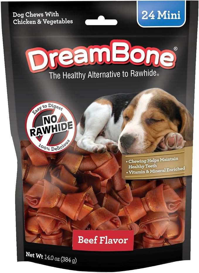 DreamBone Mini Bones Beef Rawhide-Free Dog Treats With Real Protein, 24 Ct | Daily Chew, Digests Safely and Completely, Made With Real Chicken, Veggies & Beef, For Adult Dogs