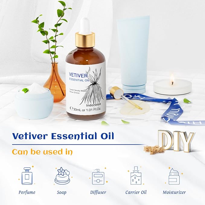 HIQILI 1 Fl Oz Vetiver Essential Oil, for Skin, Candle Making - 30ml | Suitable for Aromatherapy, Candle & Soap Making Scent, SPA, Add to Shampoo, Lip Balm - 30mL / 1 fl oz