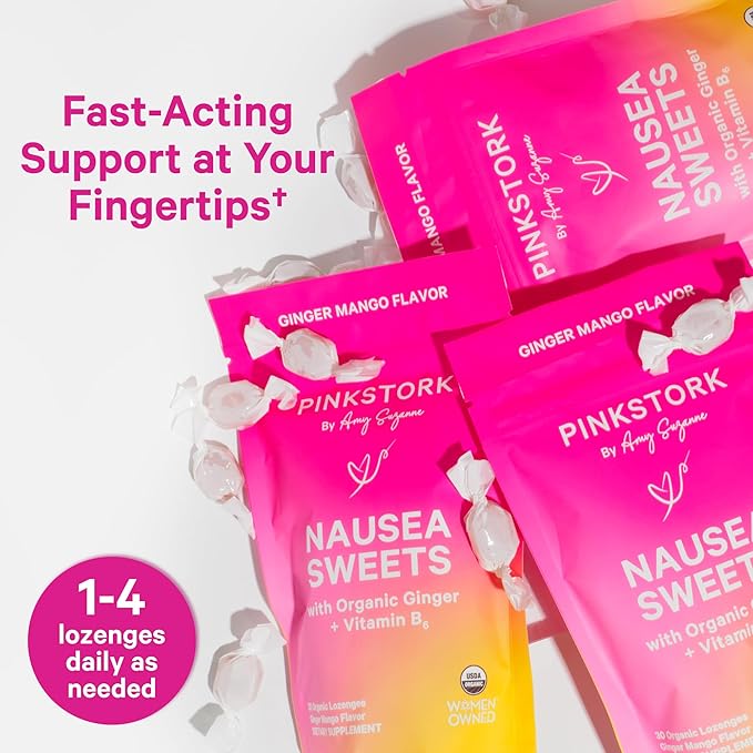 Pink Stork Organic Ginger Raspberry Sweets with Vitamin B6 for Morning Sickness and Motion Sickness, Added Ginger & Vitamin B6, 1st Trimester Pregnancy Must Haves - 30 Wrapped Candies