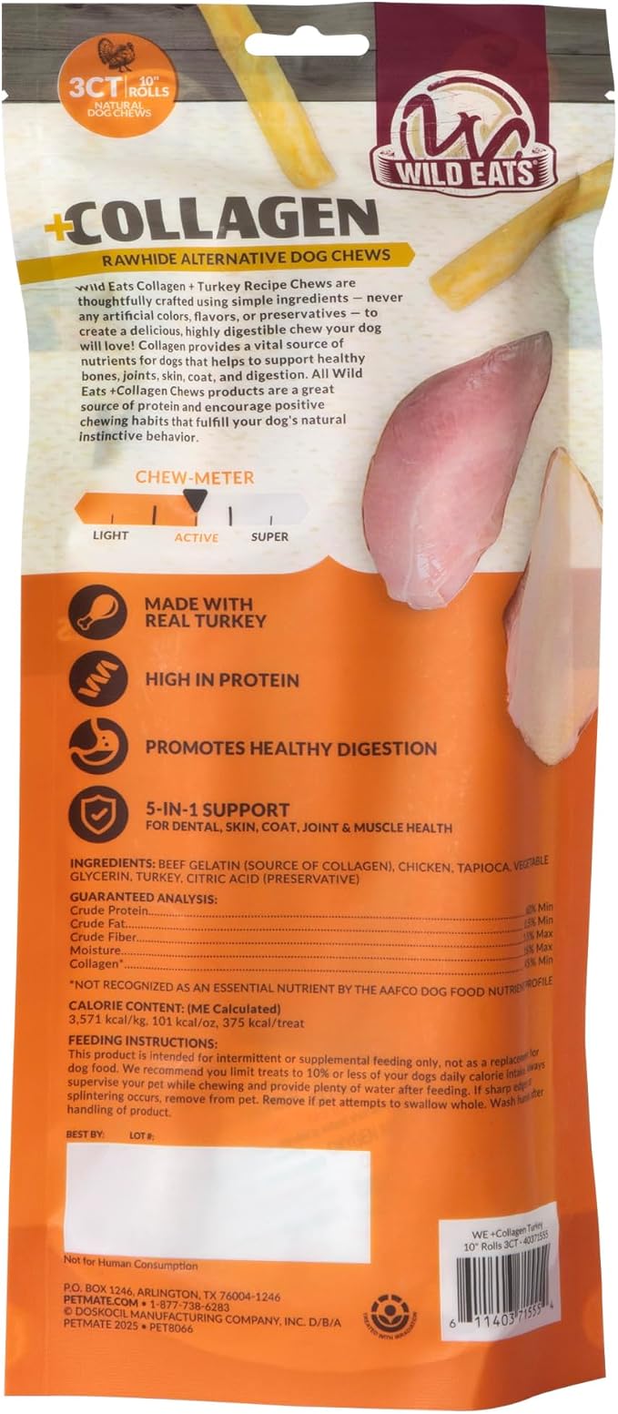Wild Eats Turkey Flavor Collagen Cheek Rolls 10" 3pk, Pig Ear Substitute | Long lasting treats and bones for medium dogs, retriever style texture, 3 per bag, satisfies natural gnawing urges daily