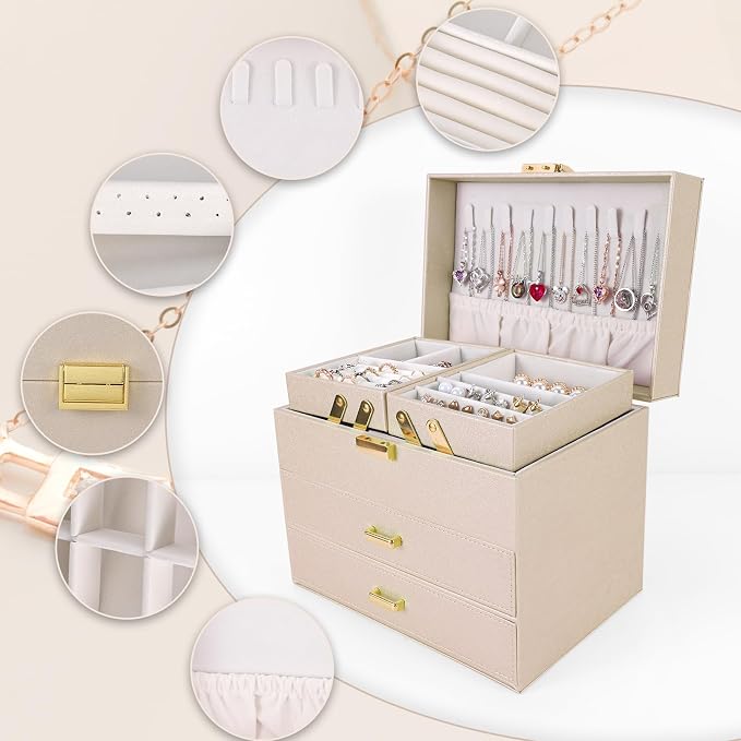 Jewelry Organizer Box, Large Jewelry Boxes for Women Girls, Space-Saving 4 Layers Jewelry Storage Case with Drawer, Movable Metal Stand, Modern, Gift Idea (Champagne + Gold)