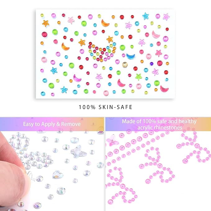 SAOROPEB 5 Sheets Face Gems Face Jewels Stickers, Self Adhesive Eye Body Face Nail Crystal Rhinestones Rainbow for Women Festival Accessory and Nail Art Decorations