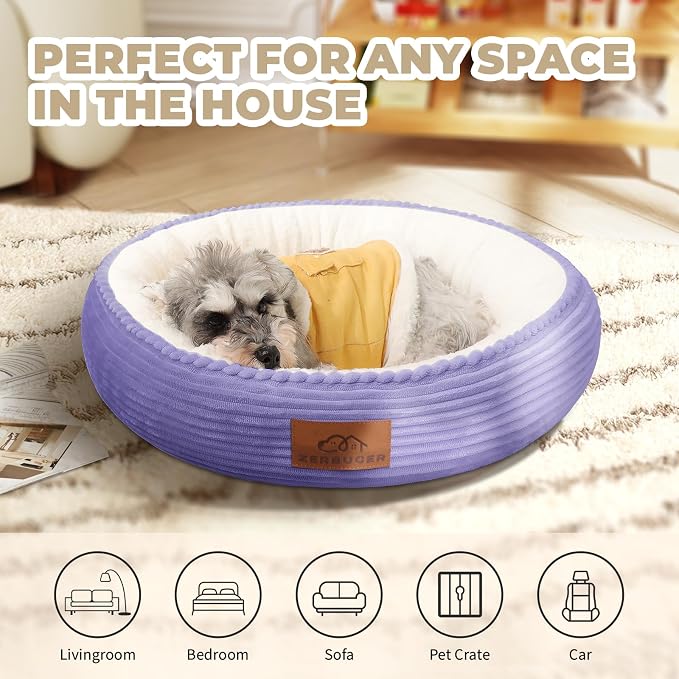 Zerbuger 23in Violet Round Dog Bed Sofa for Dogs Cats, Machine Washable | for Small/Medium/Large Dogs Cats, Foam Pet Couch with Removable Mat Non-Slip Bottom, Pet Cuddler for Indoor/Outdoor/Car/Cage