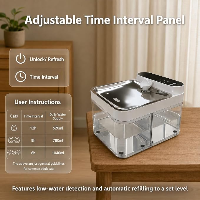 Cat Water Fountain No Filter, Wastewater Separation Cat Fountain Without Filters, Cordless &180-Days Runtime Pet Water Fountain