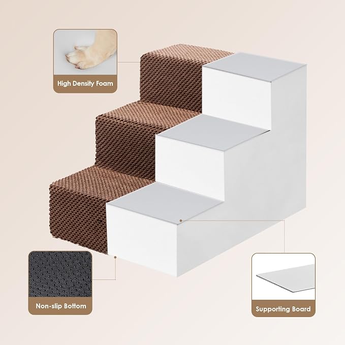 EHEYCIGA Dog Stairs for Small Dogs 13.5" H, 3-Step Dog Steps for Cats, Brown