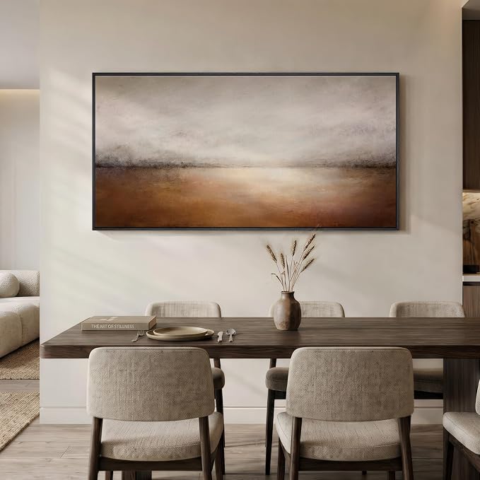 Large Framed Brown Abstract Landscape Wall Art for Living Room, 60x30 In | Neutral pictures, Horizontal canvas prints, Wood frame, Earth tone artwork, Modern wall decor for Bedroom dining room office