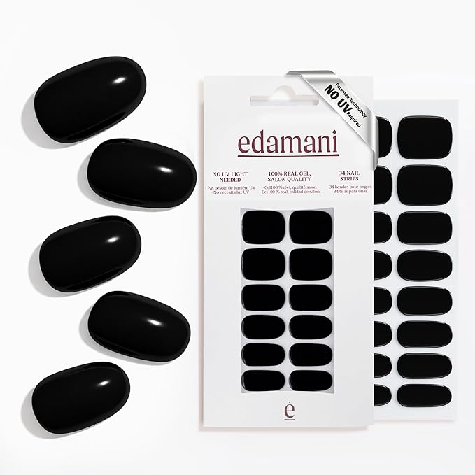 34 Piece Fully Cured Gel Nail Strips With No UV Light Needed, 14+ Days Gel Nail Polish Stickers, Salon Quality, Easy to Apply & Remove – Toxin Free, No Damage (Onyx Noir)