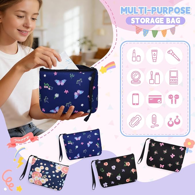 First Period Kit for Girls, Neoprene Sanitary Napkin Storage Bag, Menstrual Pad Bag Tampon Holder for Purse, First Period Gifts for 9-12 (Big Floral)
